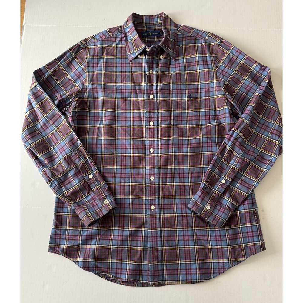 Ralph Lauren Button Down Shirt Mens Large Blue Red Plaid Long Sleeve Classic